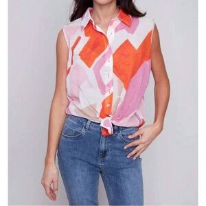 CHARLIE B sleeveless voile printed top in punch size XS